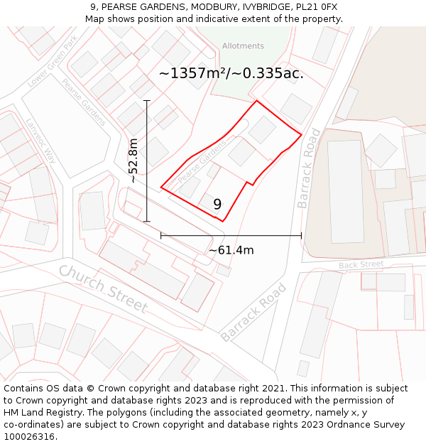 9, PEARSE GARDENS, MODBURY, IVYBRIDGE, PL21 0FX: Plot and title map