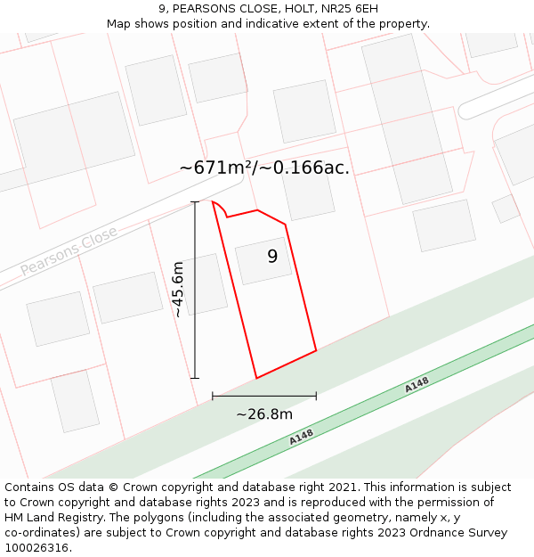 9, PEARSONS CLOSE, HOLT, NR25 6EH: Plot and title map