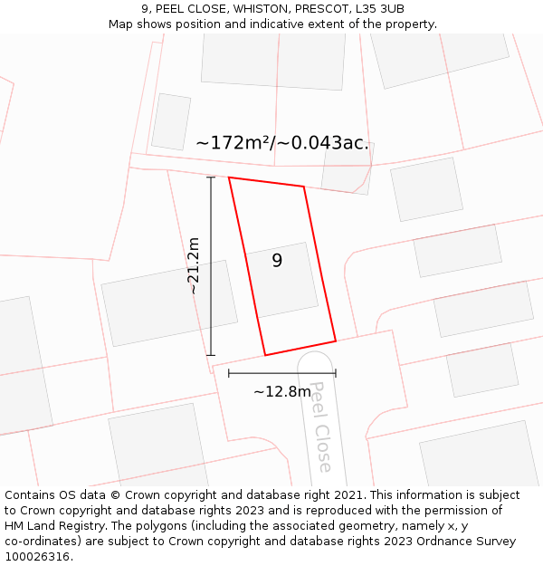 9, PEEL CLOSE, WHISTON, PRESCOT, L35 3UB: Plot and title map