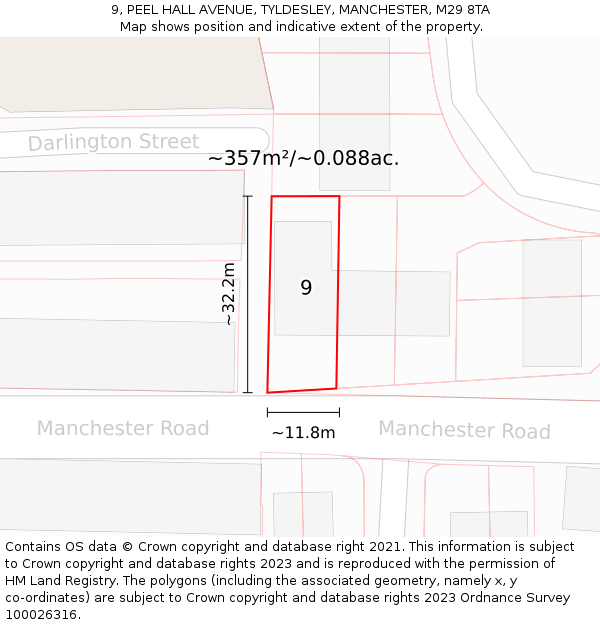 9, PEEL HALL AVENUE, TYLDESLEY, MANCHESTER, M29 8TA: Plot and title map