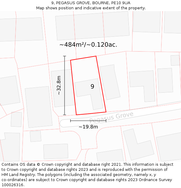 9, PEGASUS GROVE, BOURNE, PE10 9UA: Plot and title map