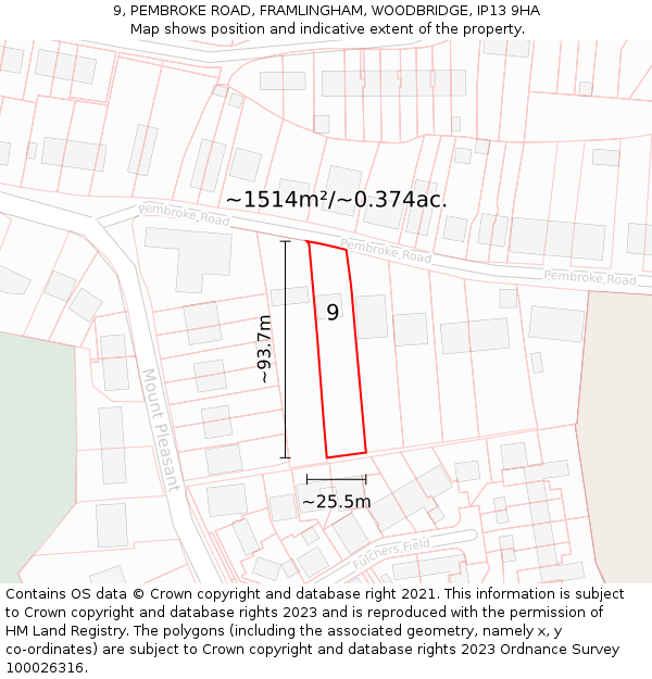 9, PEMBROKE ROAD, FRAMLINGHAM, WOODBRIDGE, IP13 9HA: Plot and title map