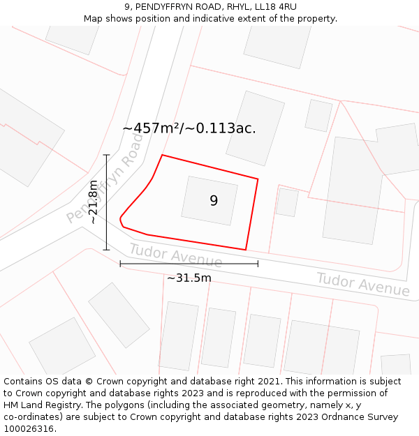 9, PENDYFFRYN ROAD, RHYL, LL18 4RU: Plot and title map