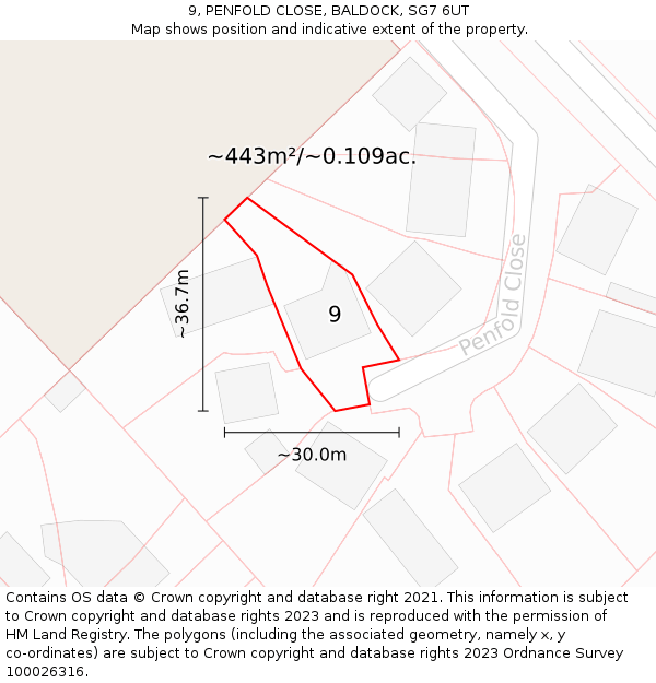 9, PENFOLD CLOSE, BALDOCK, SG7 6UT: Plot and title map