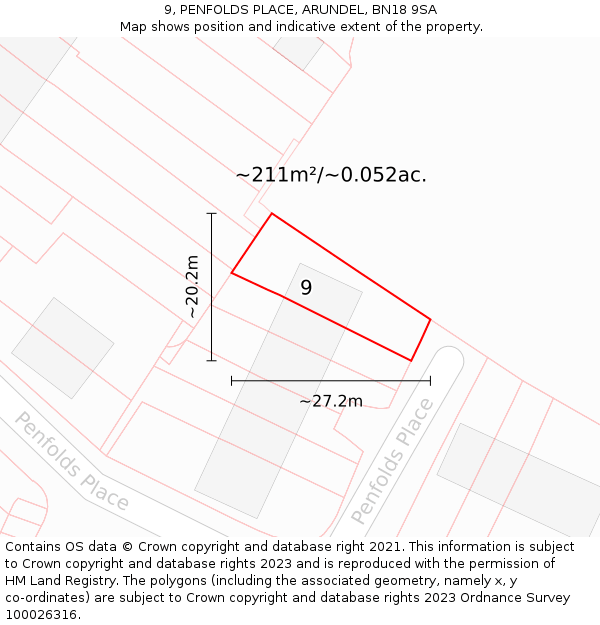 9, PENFOLDS PLACE, ARUNDEL, BN18 9SA: Plot and title map