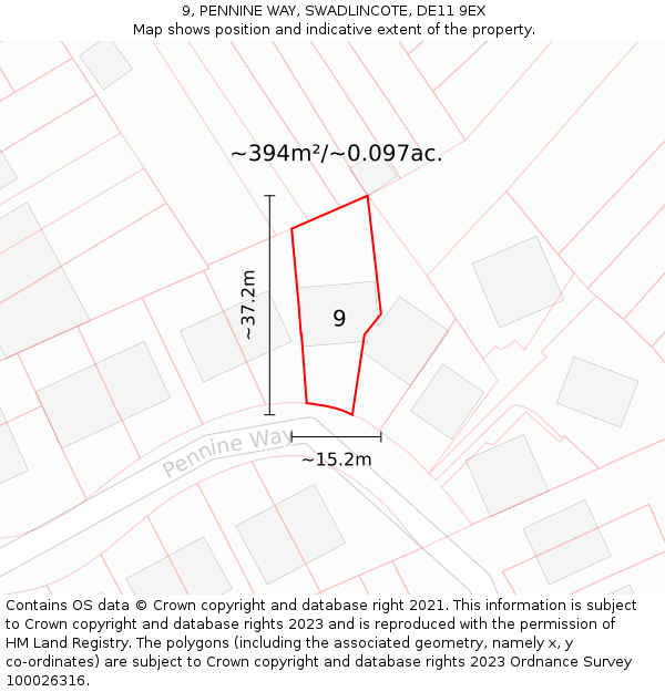 9, PENNINE WAY, SWADLINCOTE, DE11 9EX: Plot and title map