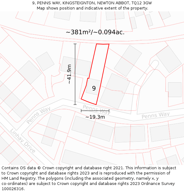 9, PENNS WAY, KINGSTEIGNTON, NEWTON ABBOT, TQ12 3GW: Plot and title map