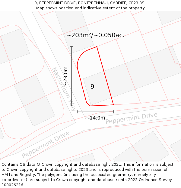 9, PEPPERMINT DRIVE, PONTPRENNAU, CARDIFF, CF23 8SH: Plot and title map