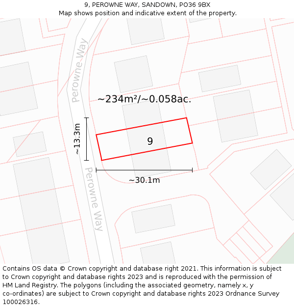 9, PEROWNE WAY, SANDOWN, PO36 9BX: Plot and title map