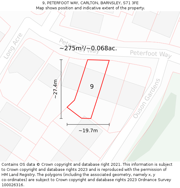 9, PETERFOOT WAY, CARLTON, BARNSLEY, S71 3FE: Plot and title map