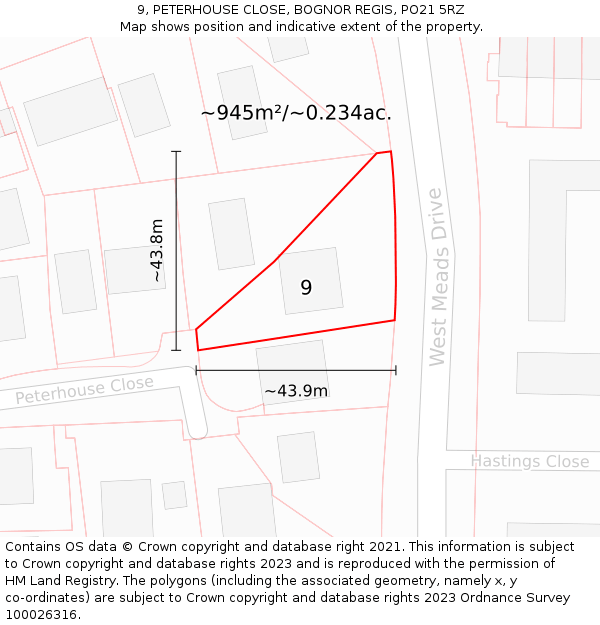 9, PETERHOUSE CLOSE, BOGNOR REGIS, PO21 5RZ: Plot and title map