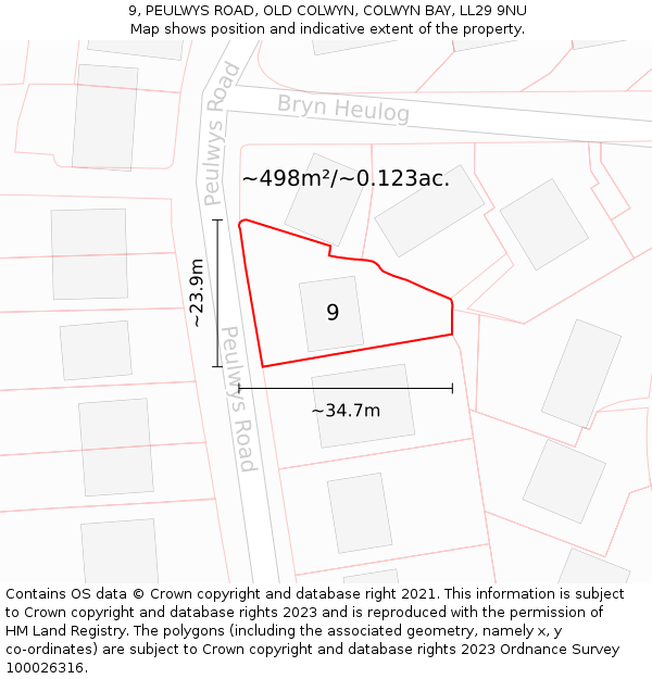 9, PEULWYS ROAD, OLD COLWYN, COLWYN BAY, LL29 9NU: Plot and title map