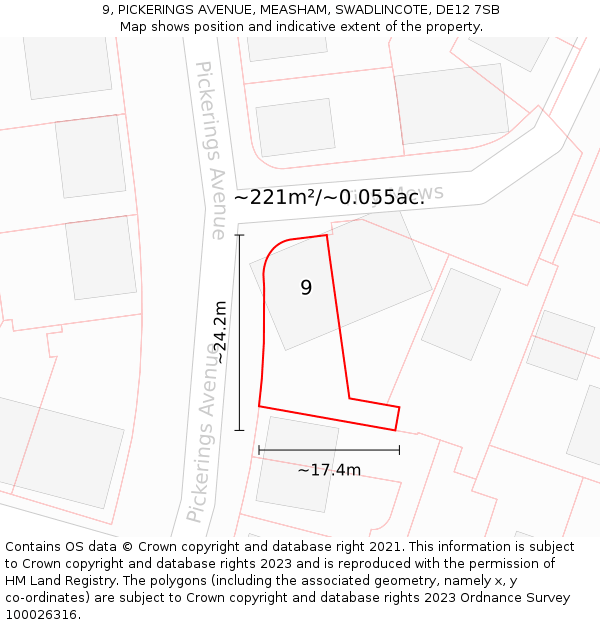 9, PICKERINGS AVENUE, MEASHAM, SWADLINCOTE, DE12 7SB: Plot and title map