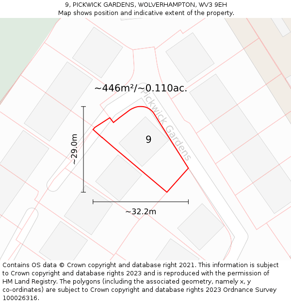 9, PICKWICK GARDENS, WOLVERHAMPTON, WV3 9EH: Plot and title map