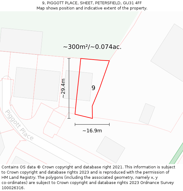 9, PIGGOTT PLACE, SHEET, PETERSFIELD, GU31 4FF: Plot and title map