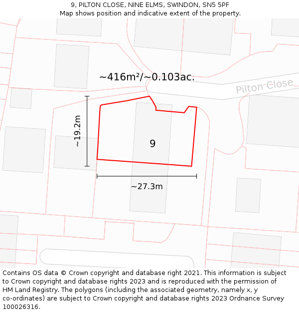 9, PILTON CLOSE, NINE ELMS, SWINDON, SN5 5PF: Plot and title map