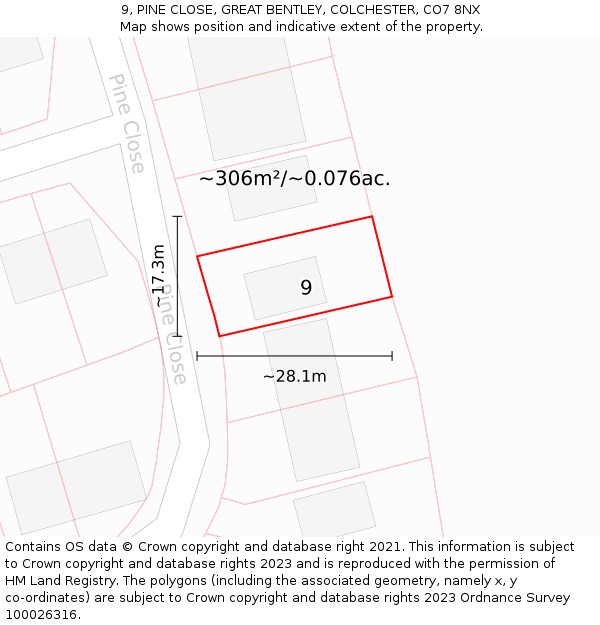 9, PINE CLOSE, GREAT BENTLEY, COLCHESTER, CO7 8NX: Plot and title map