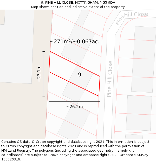 9, PINE HILL CLOSE, NOTTINGHAM, NG5 9DA: Plot and title map