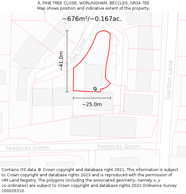 9, PINE TREE CLOSE, WORLINGHAM, BECCLES, NR34 7EE: Plot and title map