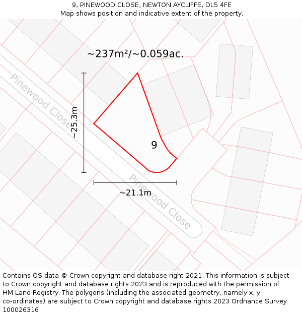 9, PINEWOOD CLOSE, NEWTON AYCLIFFE, DL5 4FE: Plot and title map