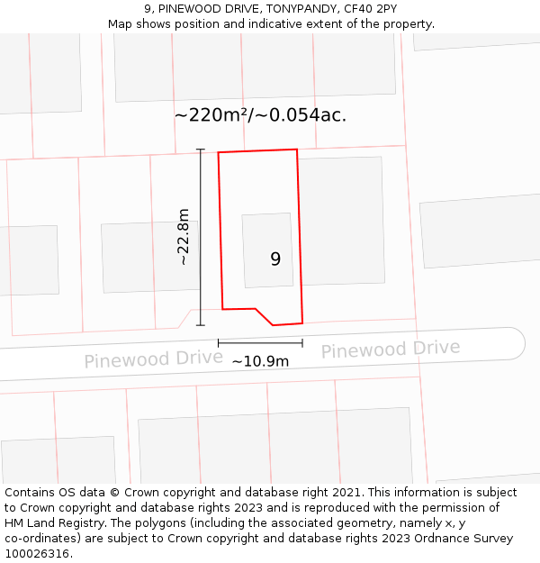 9, PINEWOOD DRIVE, TONYPANDY, CF40 2PY: Plot and title map