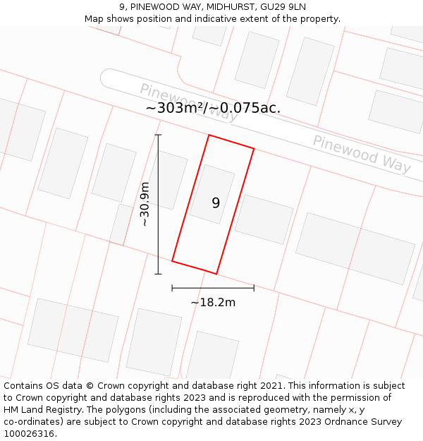 9, PINEWOOD WAY, MIDHURST, GU29 9LN: Plot and title map