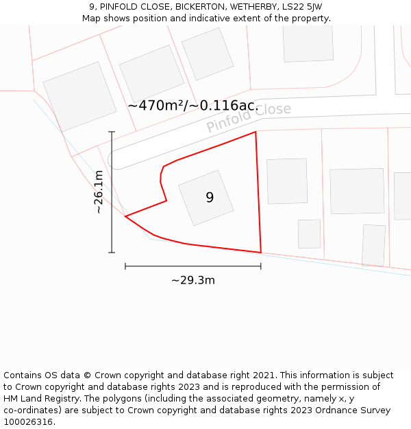9, PINFOLD CLOSE, BICKERTON, WETHERBY, LS22 5JW: Plot and title map