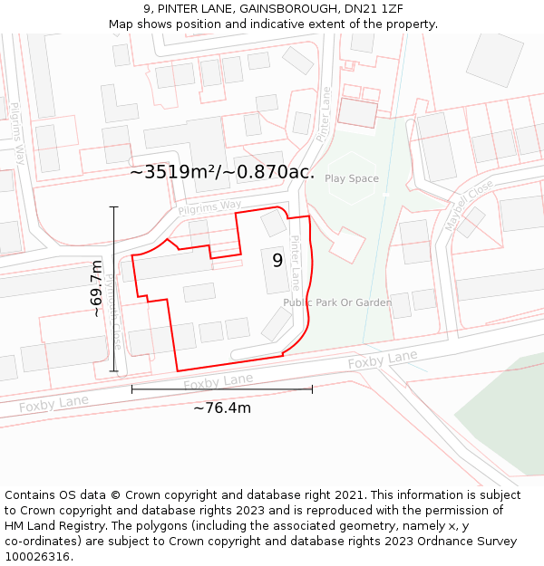 9, PINTER LANE, GAINSBOROUGH, DN21 1ZF: Plot and title map