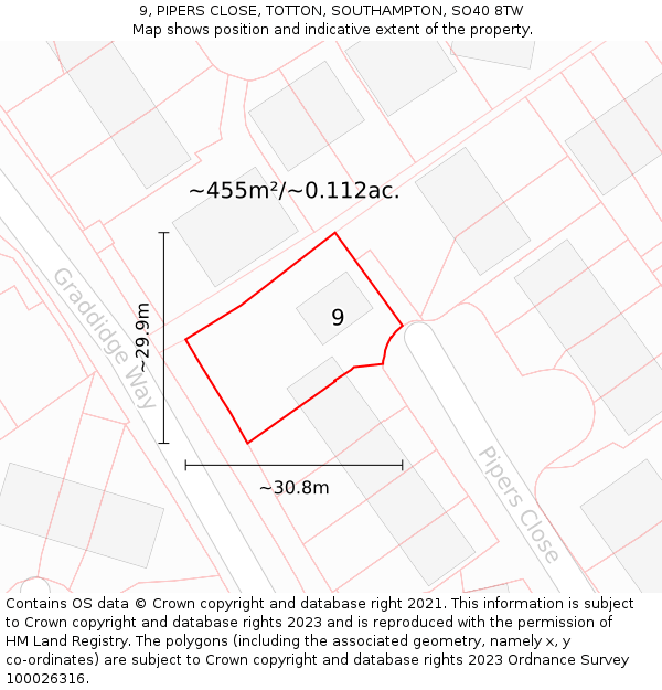 9, PIPERS CLOSE, TOTTON, SOUTHAMPTON, SO40 8TW: Plot and title map