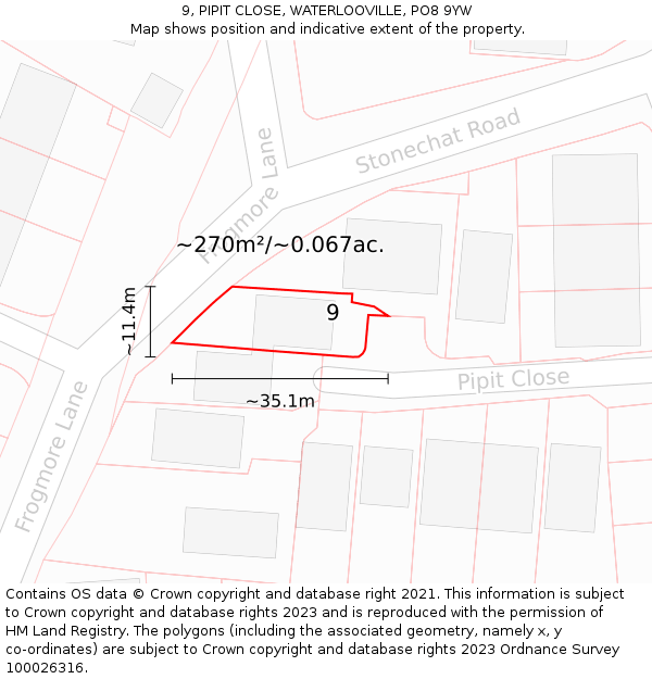 9, PIPIT CLOSE, WATERLOOVILLE, PO8 9YW: Plot and title map