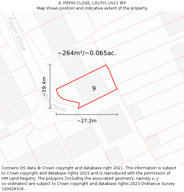 9, PIPPIN CLOSE, LOUTH, LN11 9FF: Plot and title map