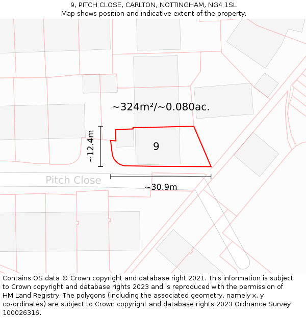 9, PITCH CLOSE, CARLTON, NOTTINGHAM, NG4 1SL: Plot and title map