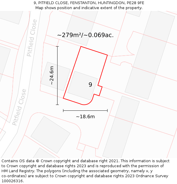 9, PITFIELD CLOSE, FENSTANTON, HUNTINGDON, PE28 9FE: Plot and title map