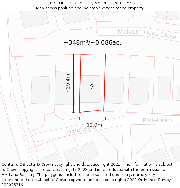 9, PIXIEFIELDS, CRADLEY, MALVERN, WR13 5ND: Plot and title map