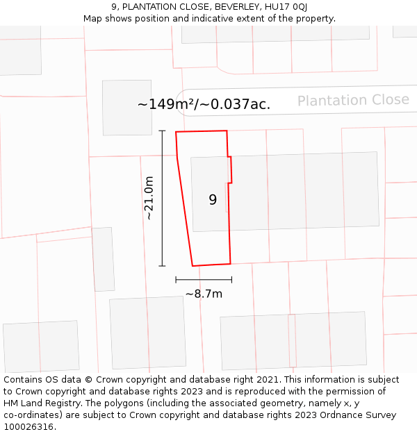 9, PLANTATION CLOSE, BEVERLEY, HU17 0QJ: Plot and title map