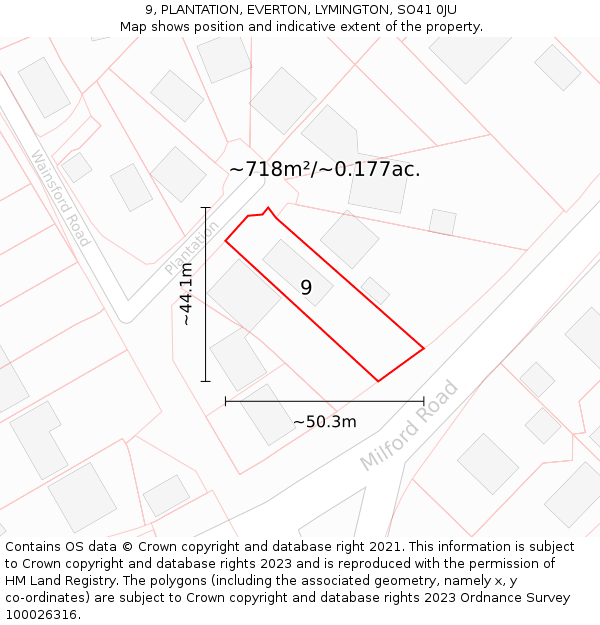 9, PLANTATION, EVERTON, LYMINGTON, SO41 0JU: Plot and title map