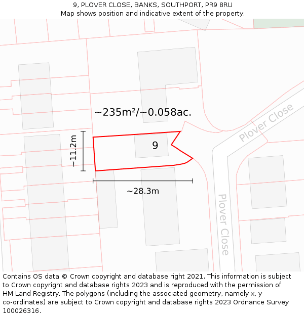 9, PLOVER CLOSE, BANKS, SOUTHPORT, PR9 8RU: Plot and title map