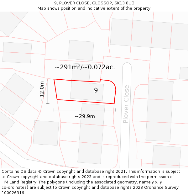 9, PLOVER CLOSE, GLOSSOP, SK13 8UB: Plot and title map