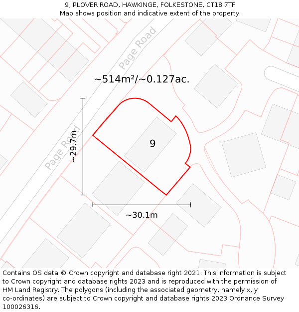 9, PLOVER ROAD, HAWKINGE, FOLKESTONE, CT18 7TF: Plot and title map