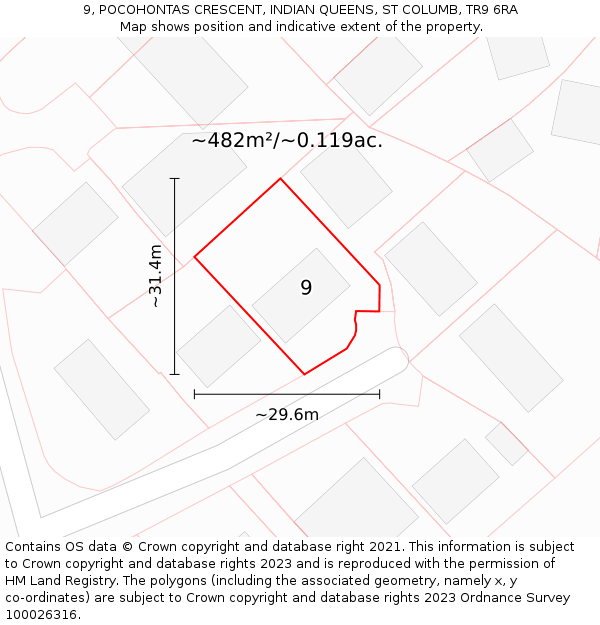 9, POCOHONTAS CRESCENT, INDIAN QUEENS, ST COLUMB, TR9 6RA: Plot and title map