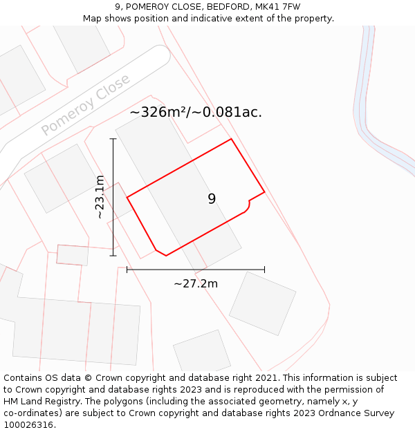 9, POMEROY CLOSE, BEDFORD, MK41 7FW: Plot and title map