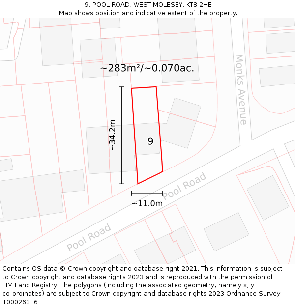 9, POOL ROAD, WEST MOLESEY, KT8 2HE: Plot and title map