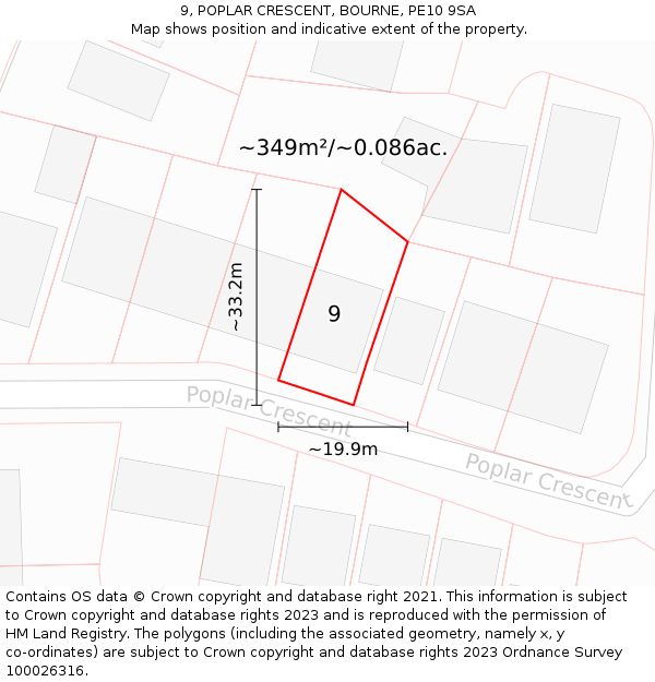 9, POPLAR CRESCENT, BOURNE, PE10 9SA: Plot and title map