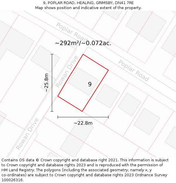 9, POPLAR ROAD, HEALING, GRIMSBY, DN41 7RE: Plot and title map