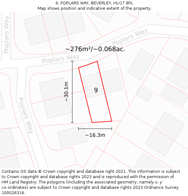 9, POPLARS WAY, BEVERLEY, HU17 8PL: Plot and title map