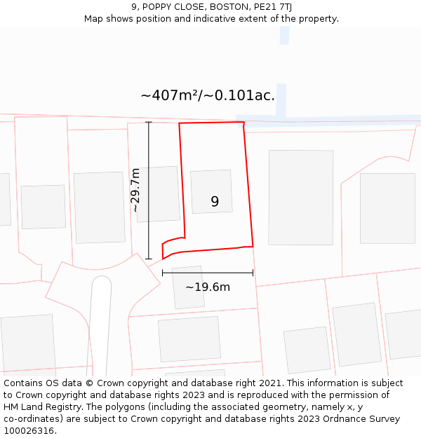 9, POPPY CLOSE, BOSTON, PE21 7TJ: Plot and title map