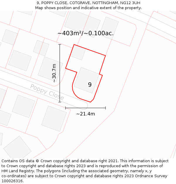 9, POPPY CLOSE, COTGRAVE, NOTTINGHAM, NG12 3UH: Plot and title map