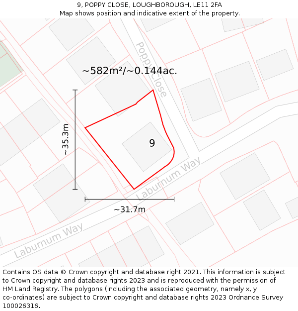 9, POPPY CLOSE, LOUGHBOROUGH, LE11 2FA: Plot and title map