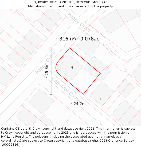 9, POPPY DRIVE, AMPTHILL, BEDFORD, MK45 2AT: Plot and title map