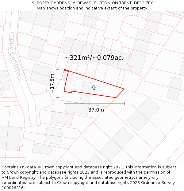 9, POPPY GARDENS, ALREWAS, BURTON-ON-TRENT, DE13 7EY: Plot and title map